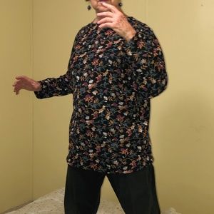 Blouse, multicolored floral w/ black background.